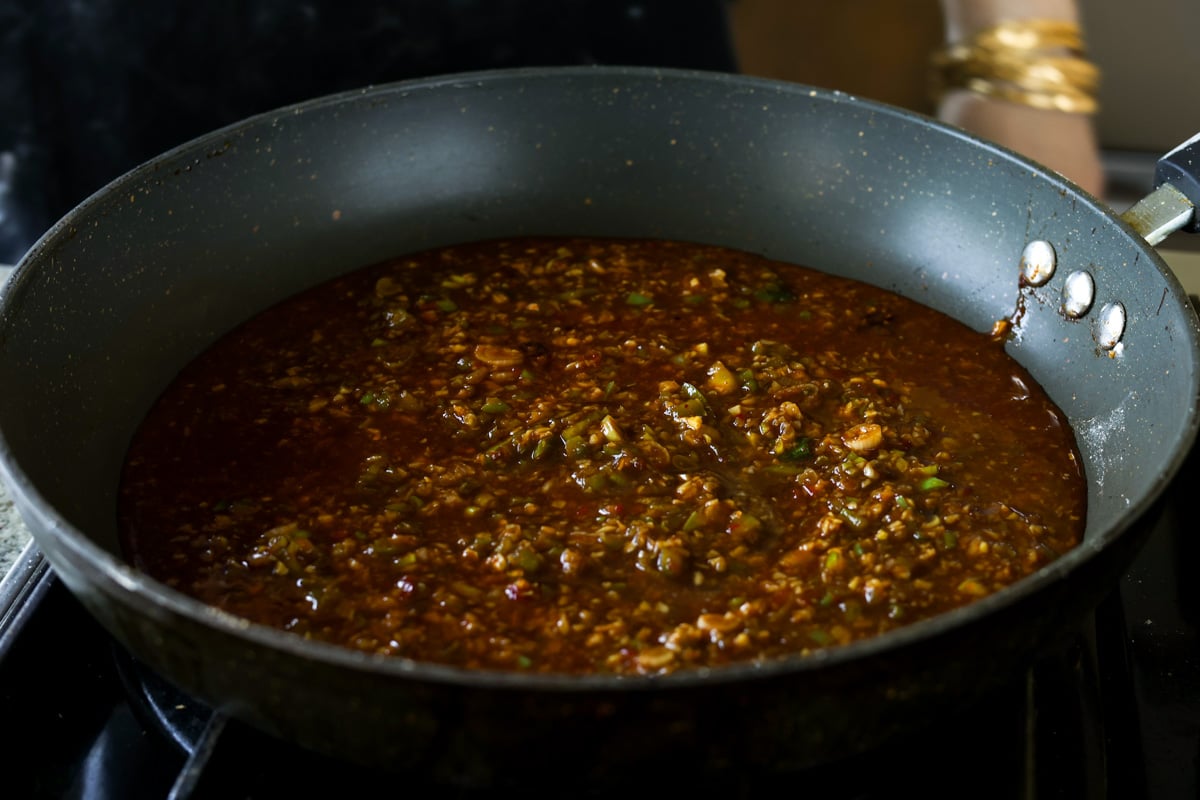 Manchurian sauce in the pan after thickening