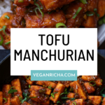 tofu Manchurian in a bowl and in the pan, text overlay