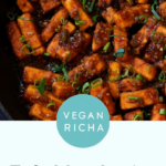 tofu Manchurian in the pan, text overlay