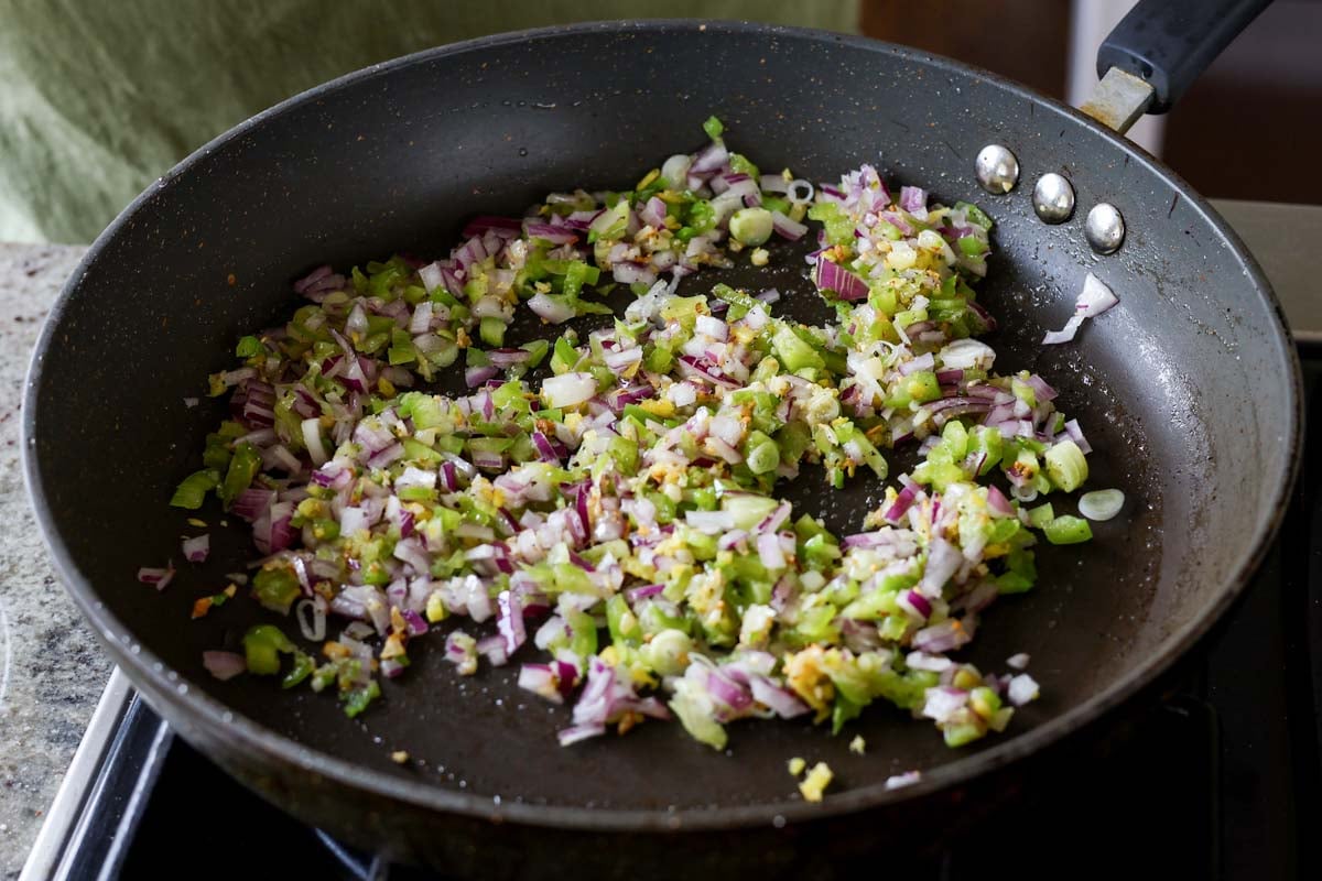 cooked onion, chilis, and peppers
