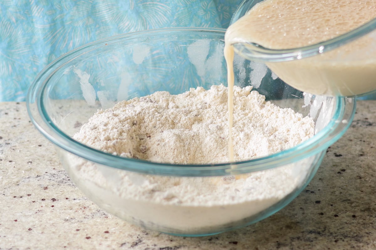 adding wet ingredients to the dry