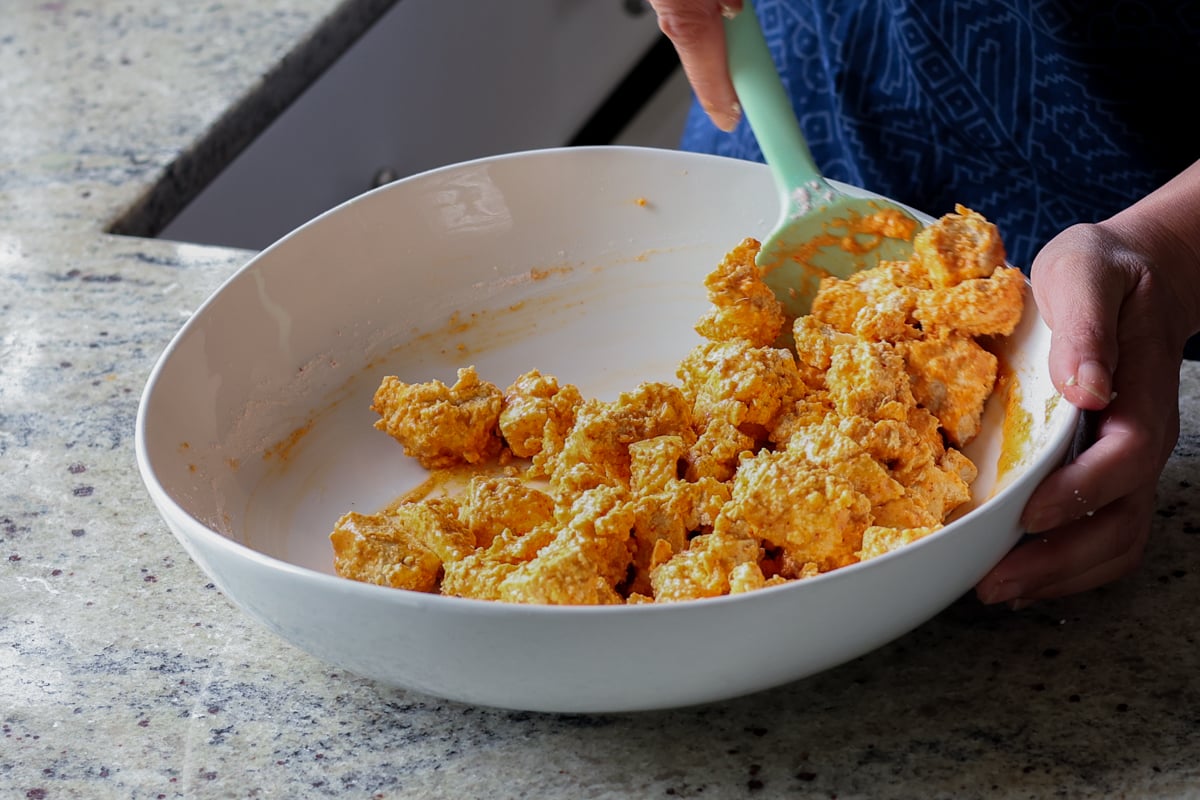 vegan chicken 555 in the mixing bowl after mixing