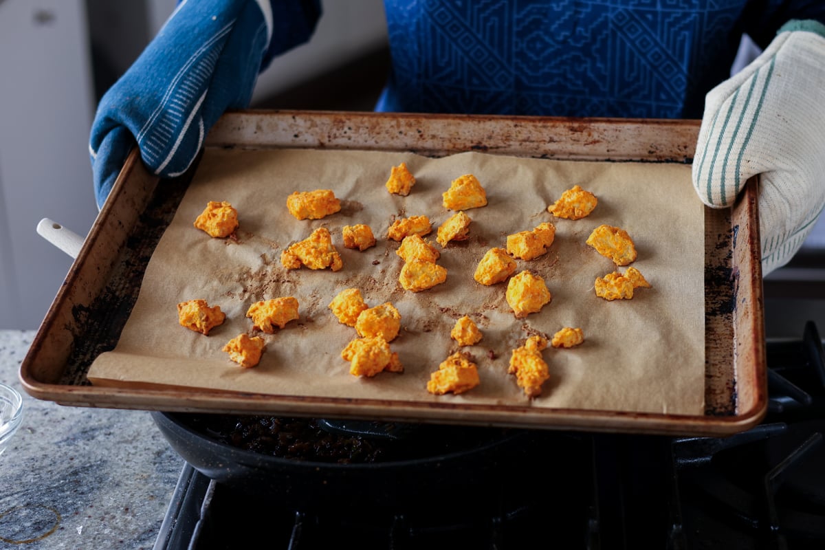 vegan chicken 555 on the baking sheet after baking