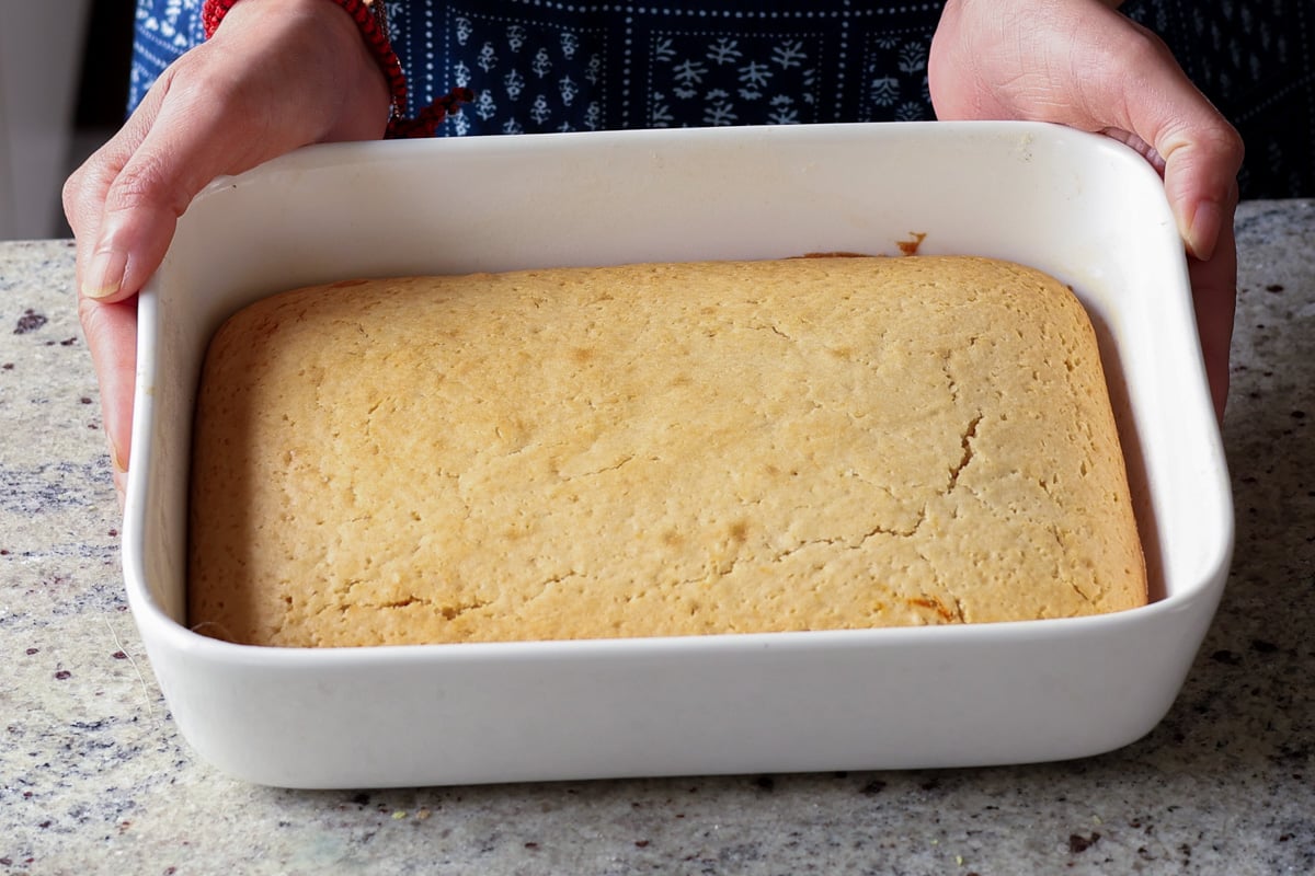 cake in the pan after baking