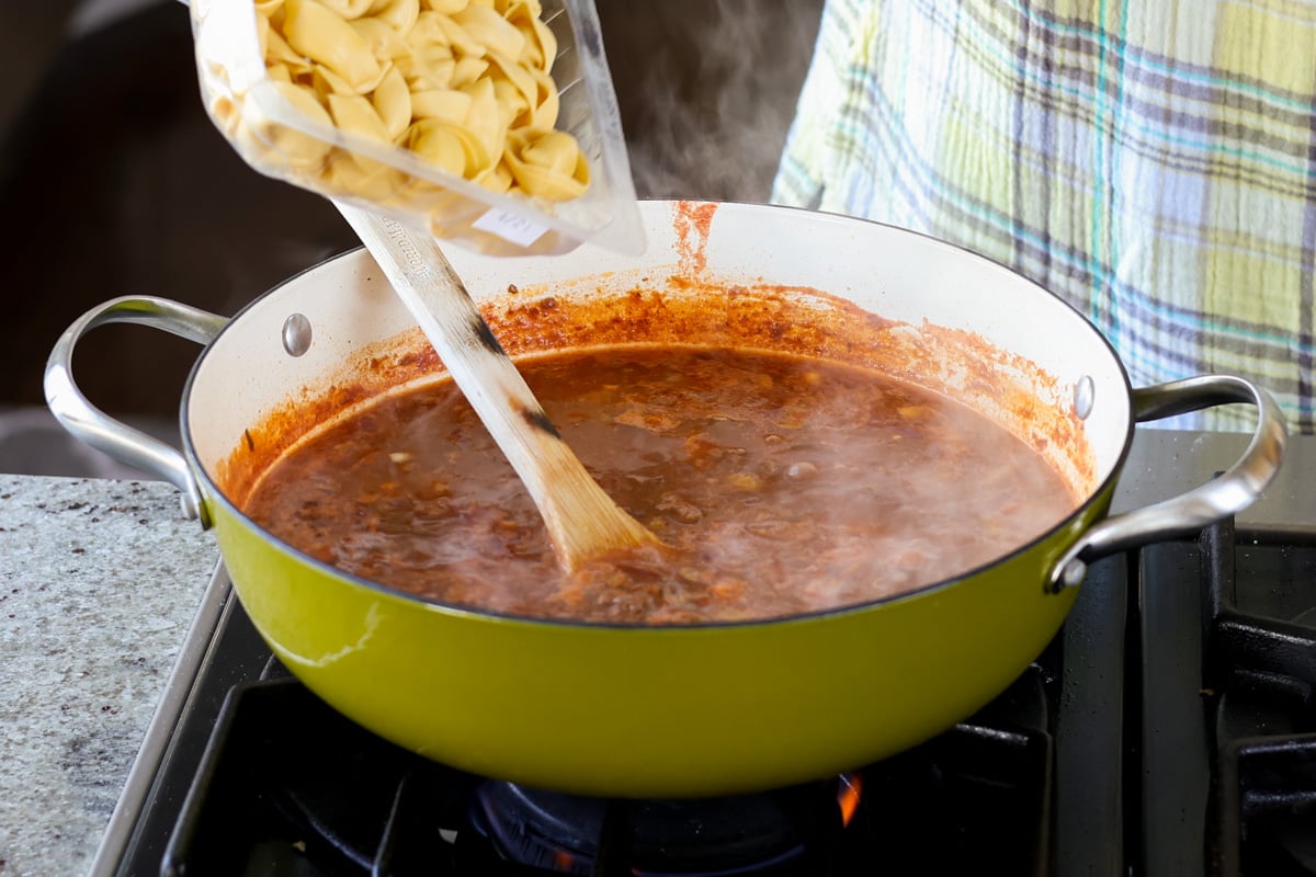 adding the vegan tortellini