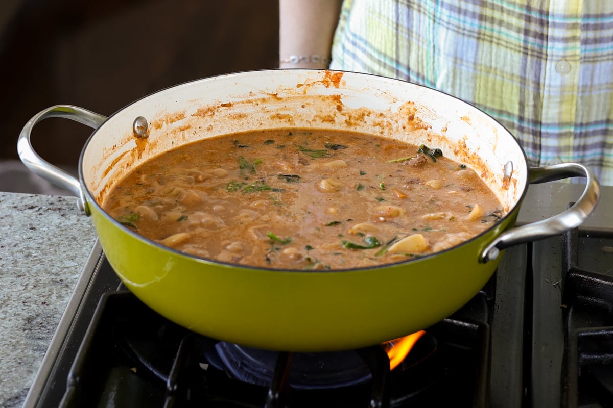 creamy tortellini soup in the pan after cooking