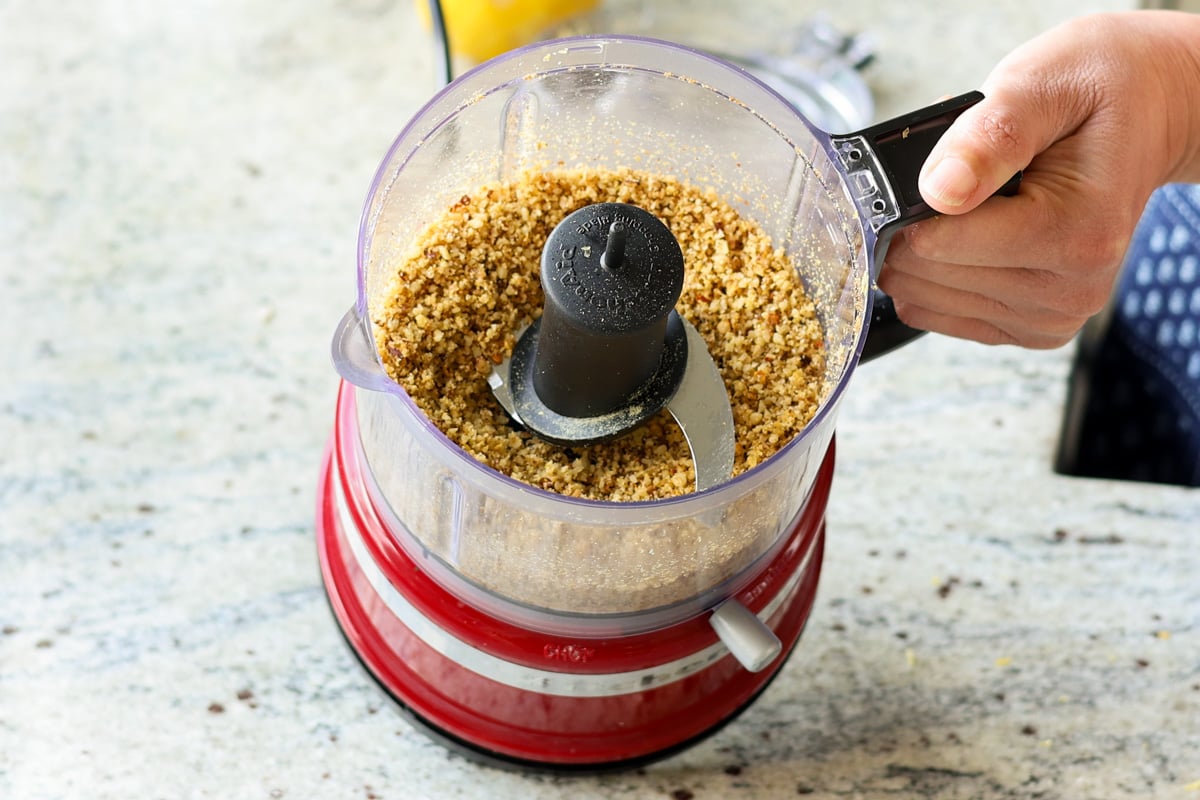 walnuts in the food processor after grinding