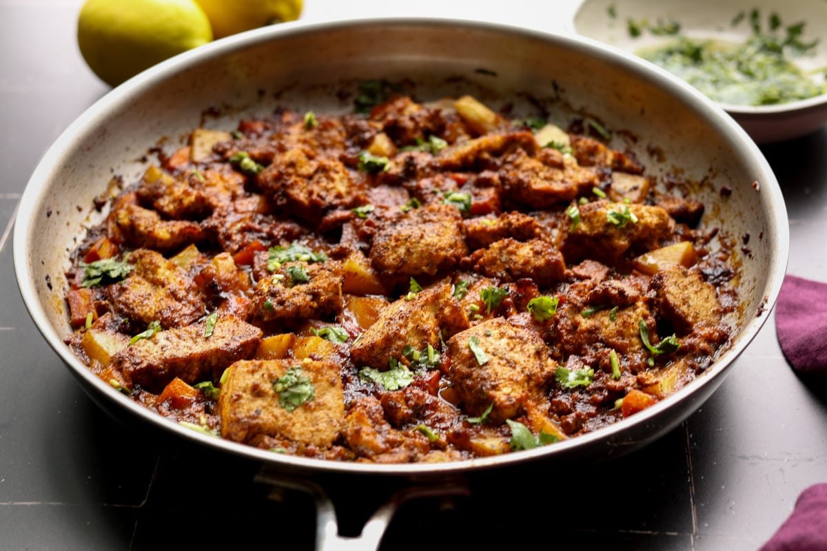 braised tofu and veggies in the pan
