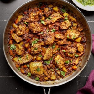 braised tofu and veggies in the pan