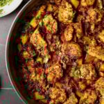 close-up of braised tofu and veggies in the pan