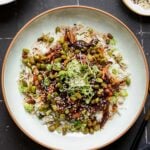 crispy edamame bowl on a black table