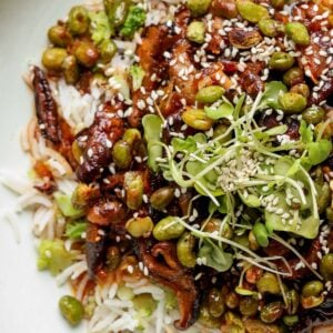 close-up of a crispy edamame bowl