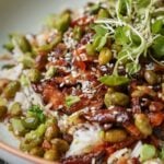 extreme close-up of crispy edamame bowl