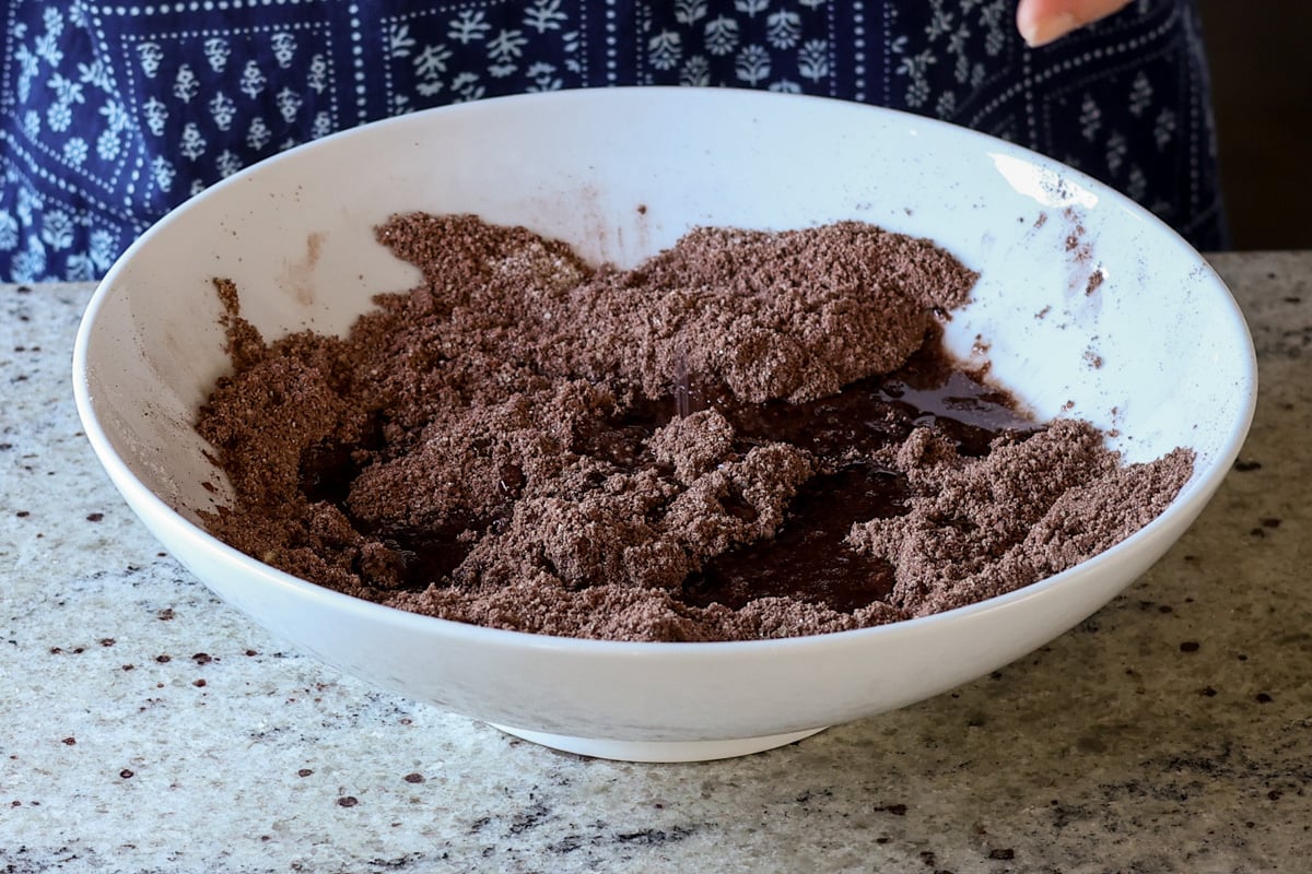 adding the wet ingredients to the dry