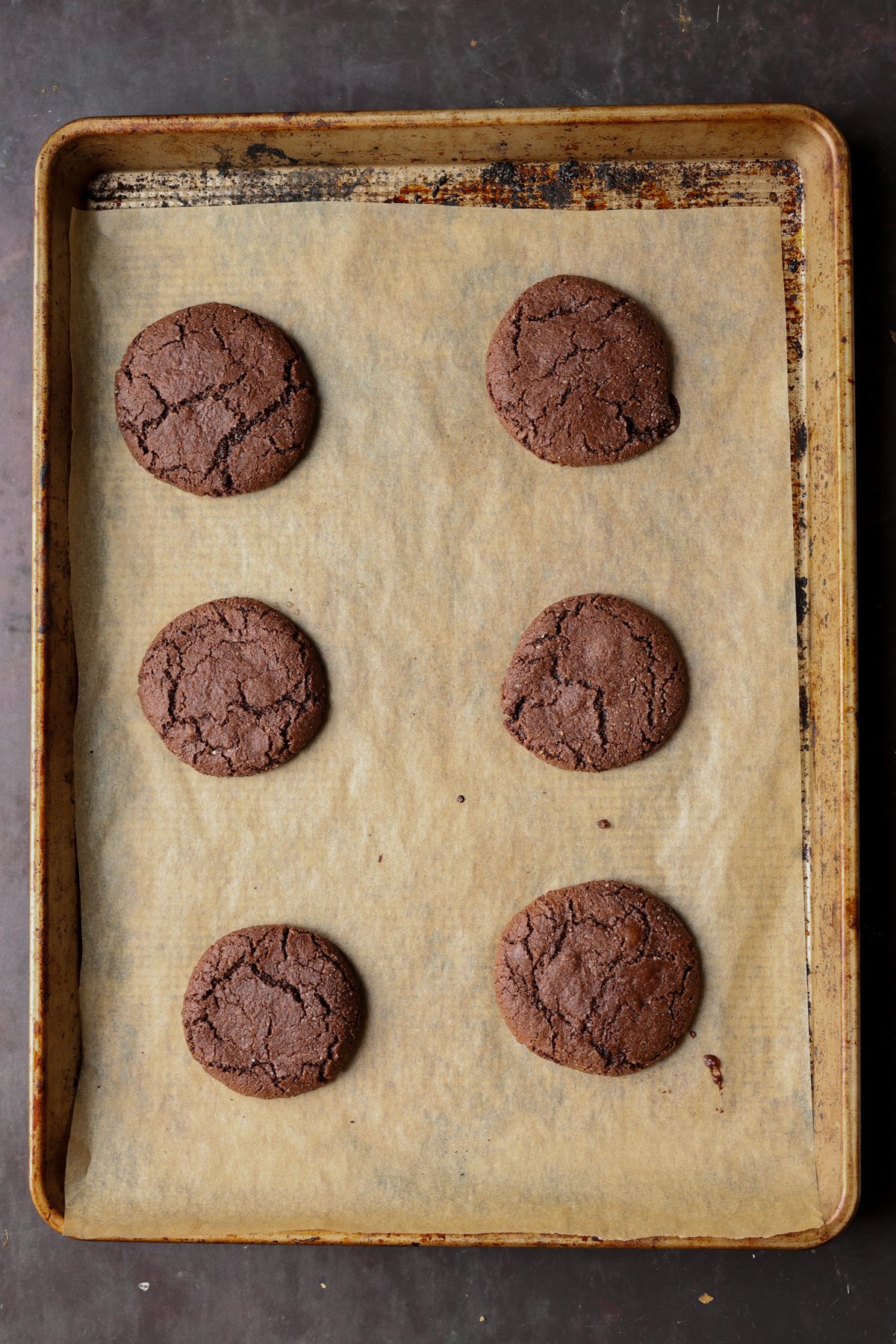lava cookies on the baking sheet after baking