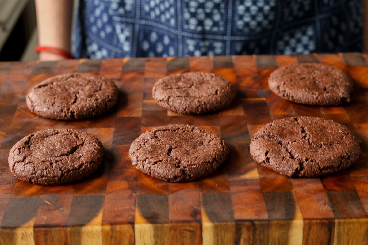 lava cookies on a cutting board after baking
