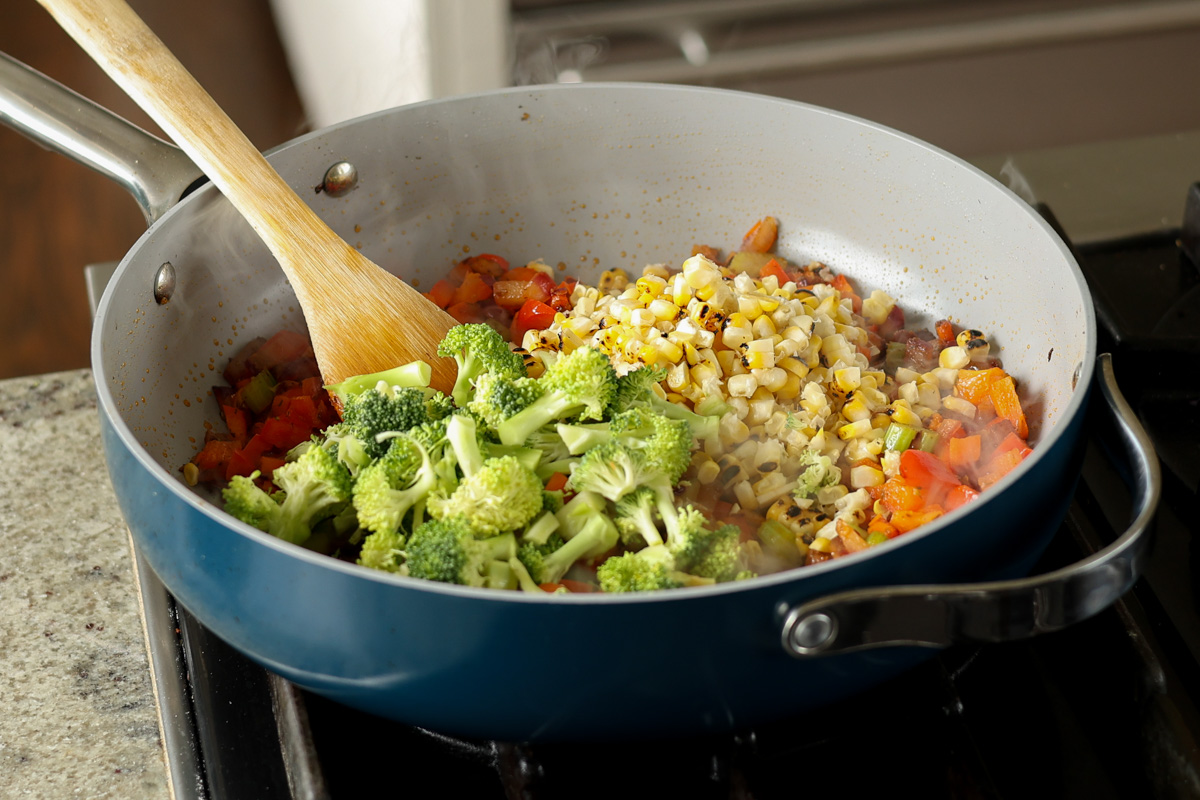 adding the corn and broccoli