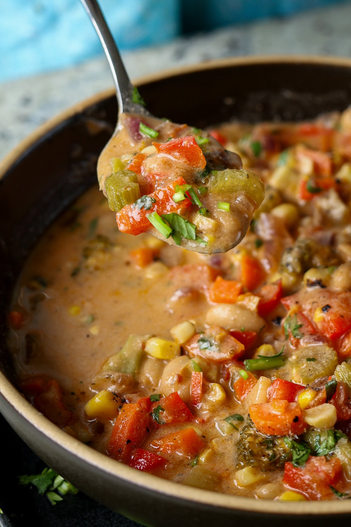 spoon taking a bite of lemon white bean soup