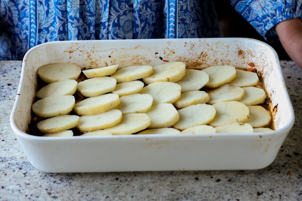 potatoes layered on top of the casserole