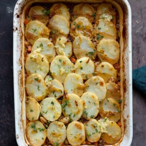 mushroom potato casserole in the pan after baking