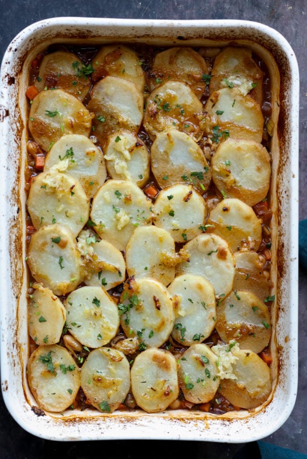 mushroom potato casserole in the pan after baking