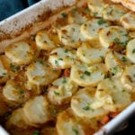 mushroom potato casserole in the pan after baking