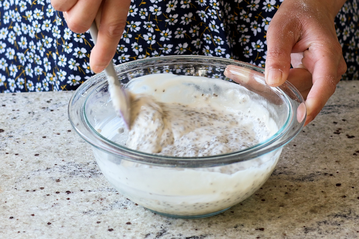 stirring together the chia pudding
