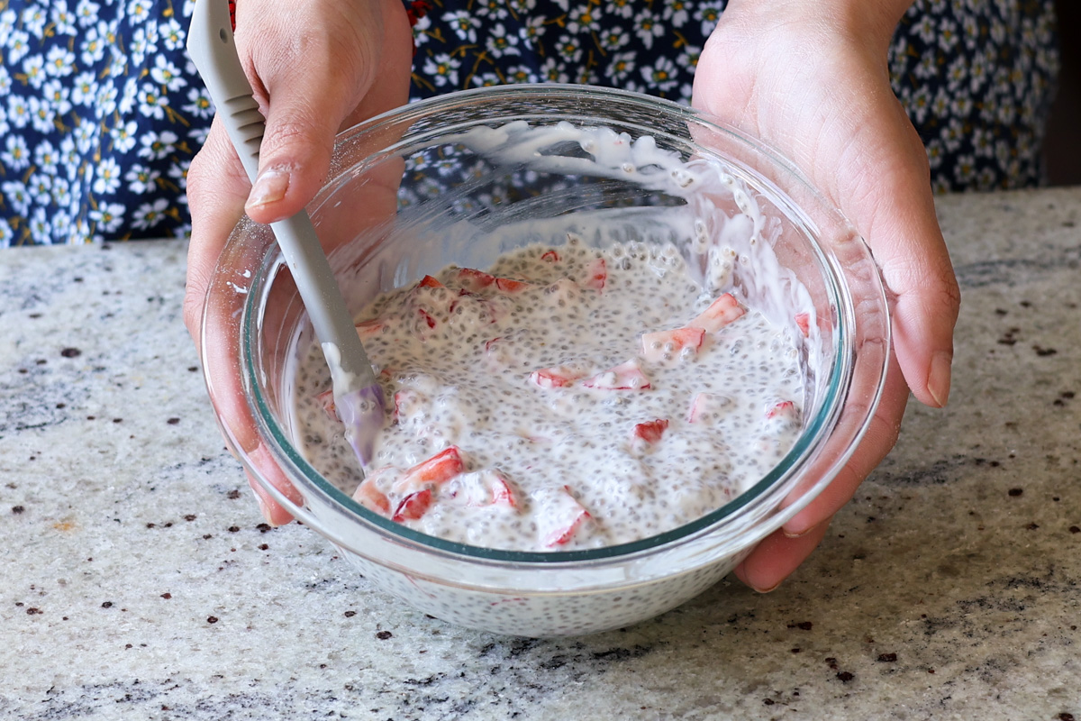 mixing bowl with strawberry chia pudding