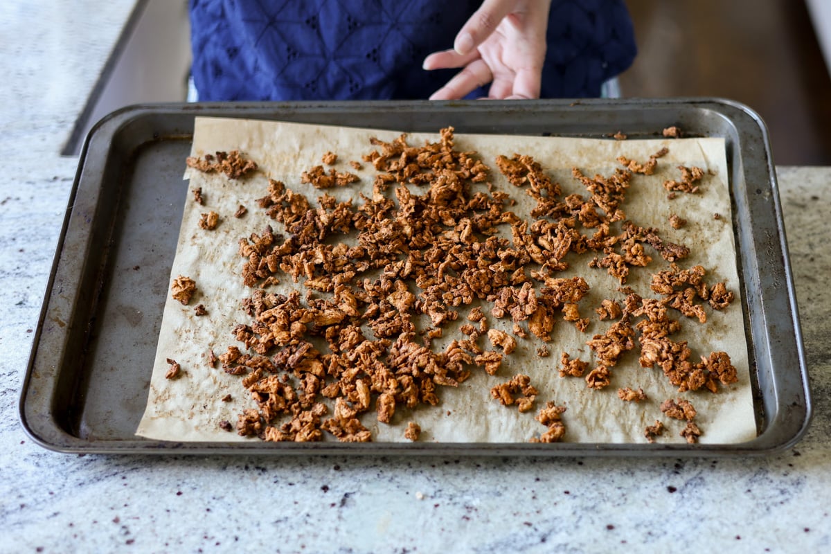soy curls on the baking sheet after baking