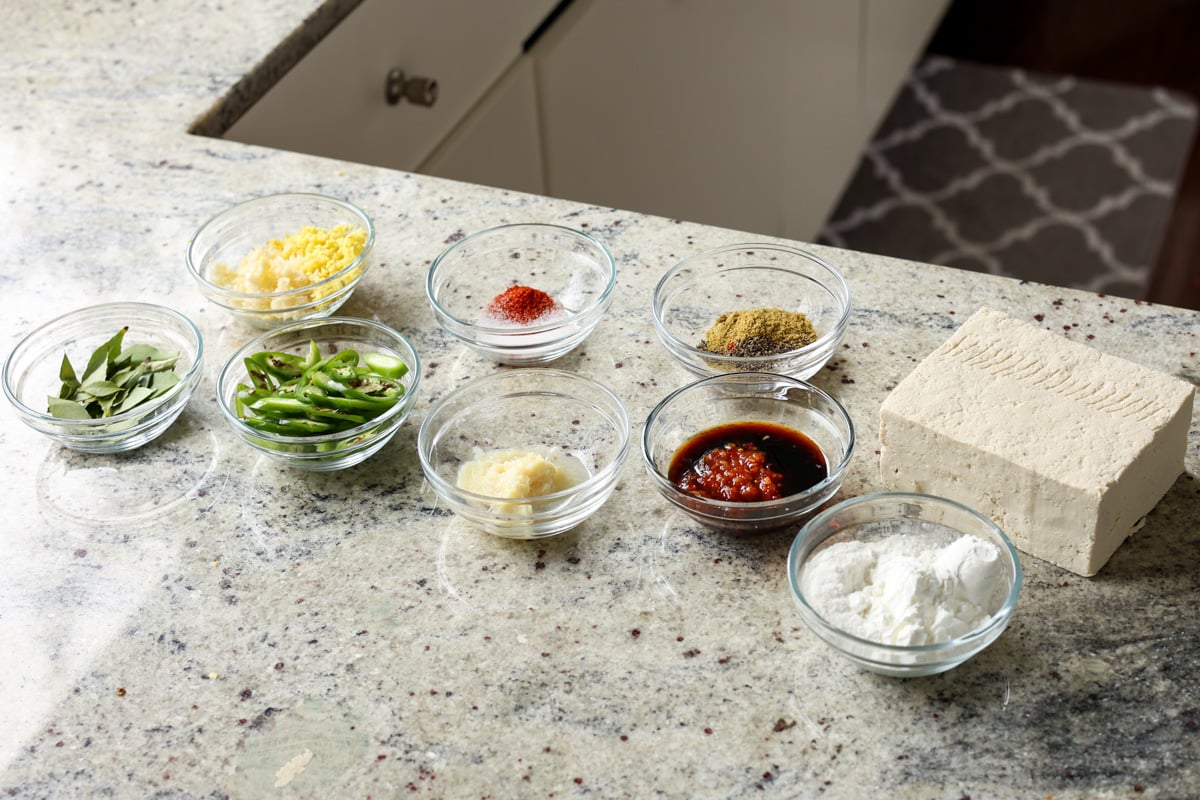 apollo tofu ingredients in bowls on the kitchen counter