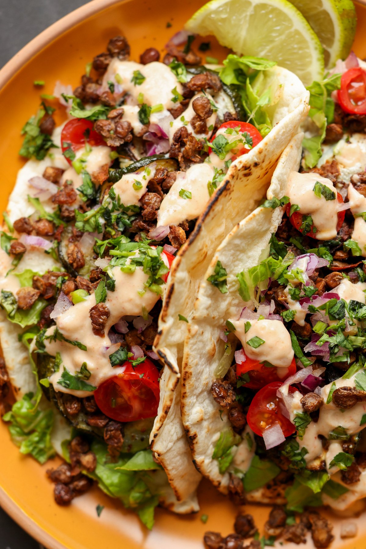 close-up of chipotle whipped tofu, roasted zucchini, and crispy lentils tacos