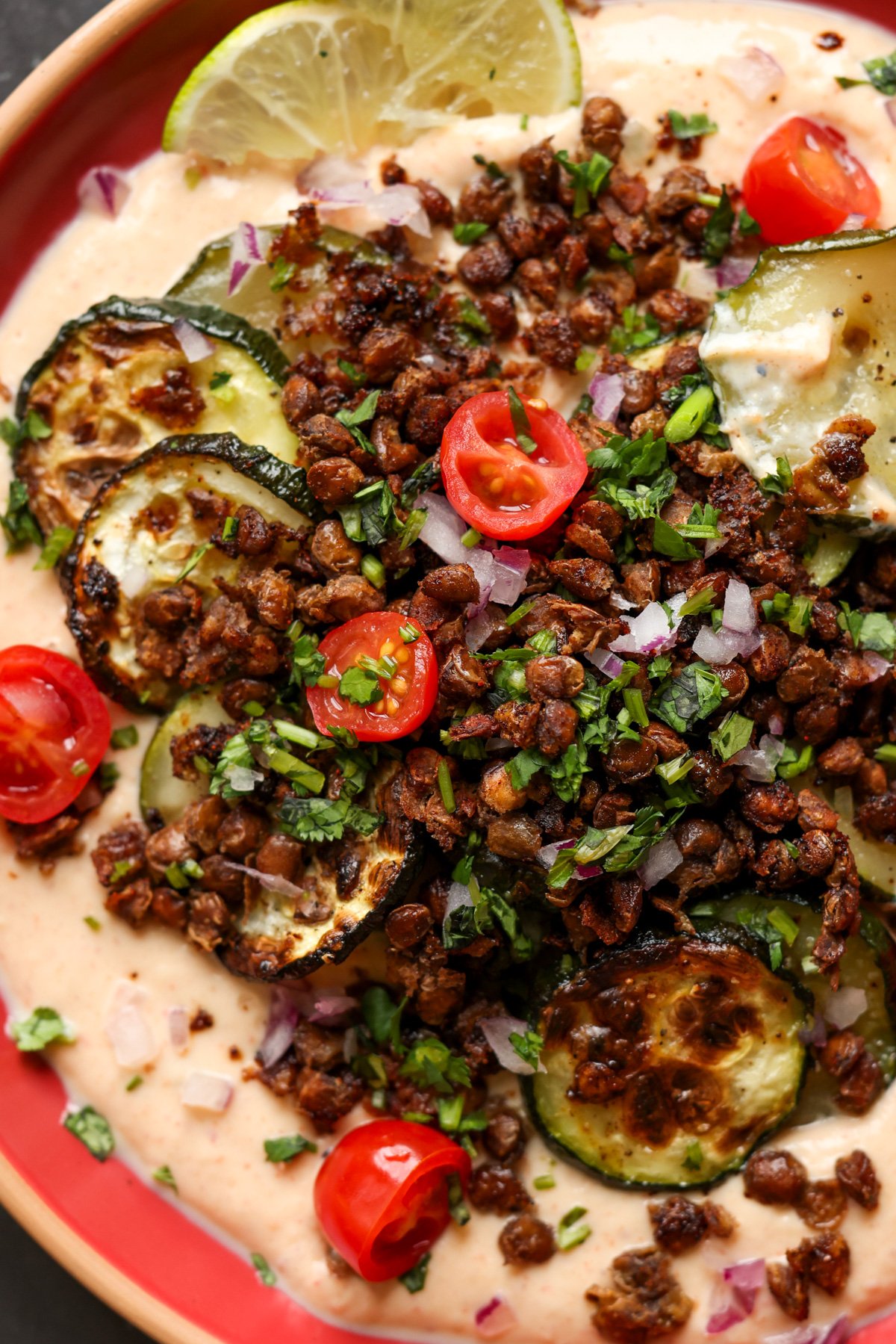 chipotle whipped tofu, roasted zucchini, and crispy lentils bowls