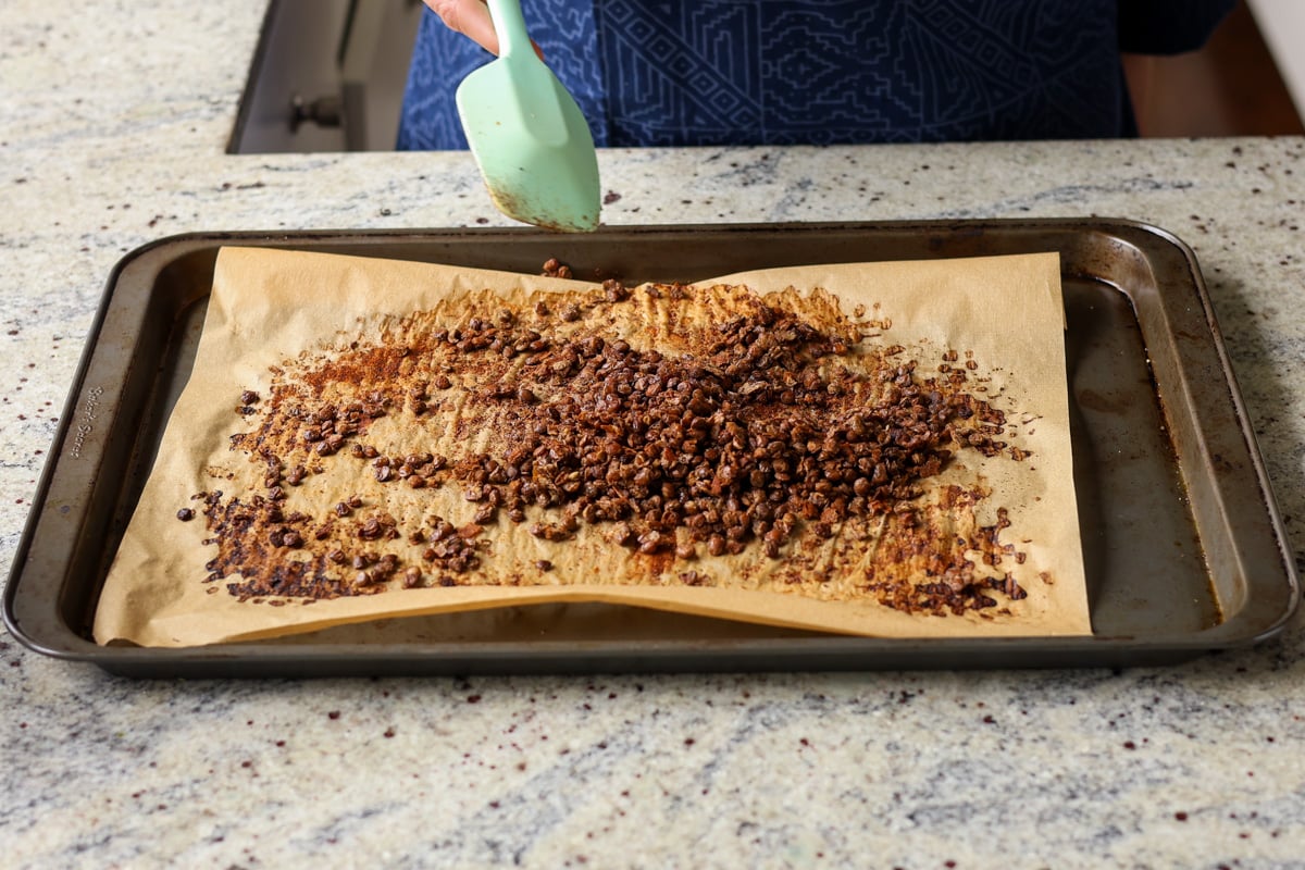 crispy lentils on the baking sheet, after baking