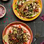 chipotle whipped tofu, roasted zucchini, and crispy lentils bowls and tacos