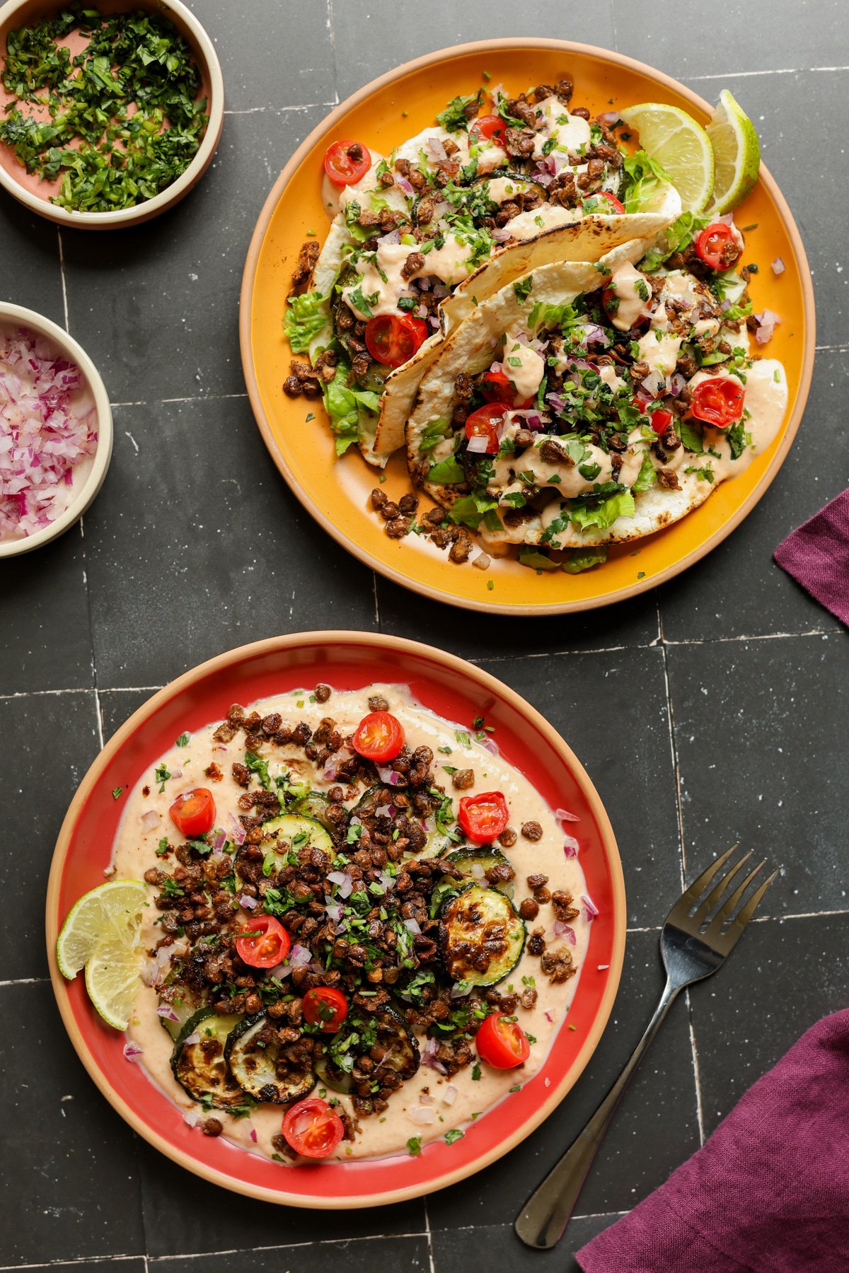 chipotle whipped tofu, roasted zucchini, and crispy lentils bowls and tacos