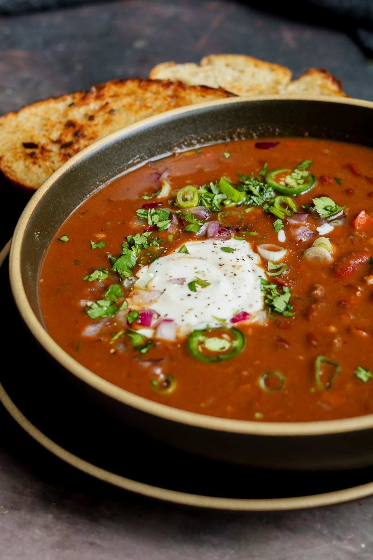 close-up of kidney bean chili in a bowl