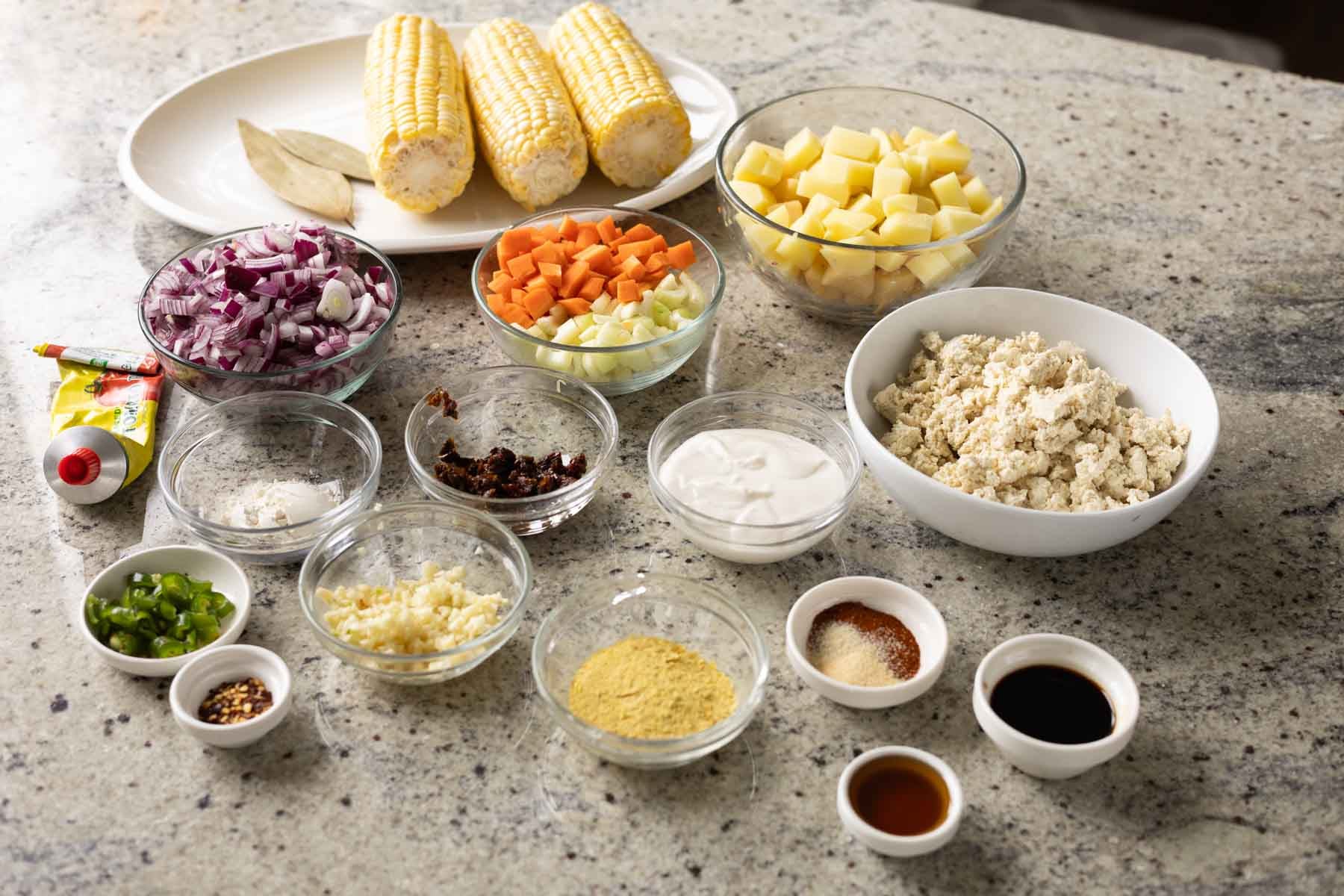 corn chowder ingredients on the kitchen counter