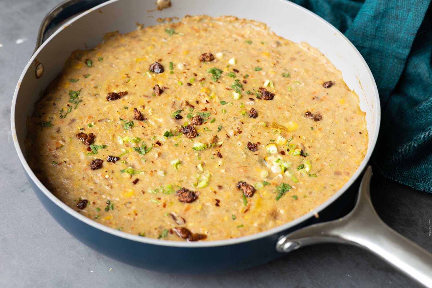 pan of corn chowder on the table