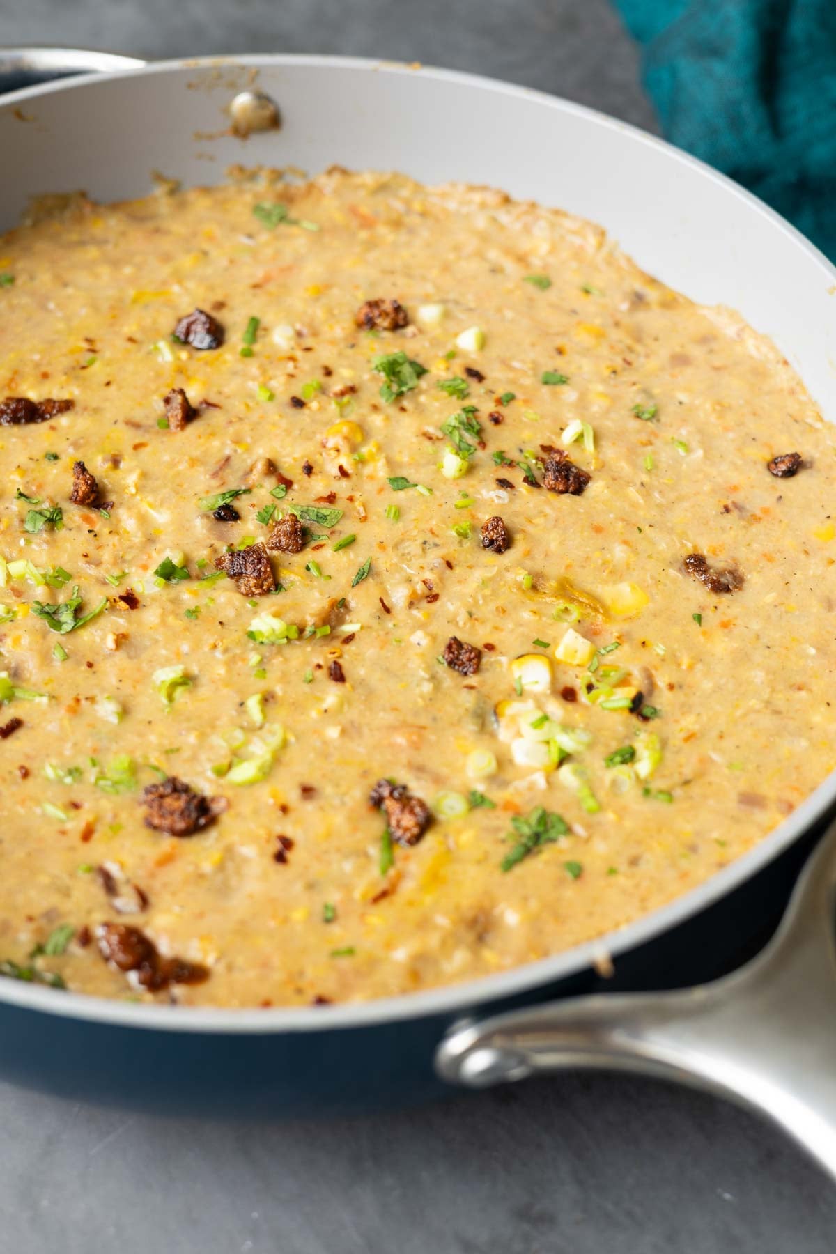 close-up of corn chowder in the pan