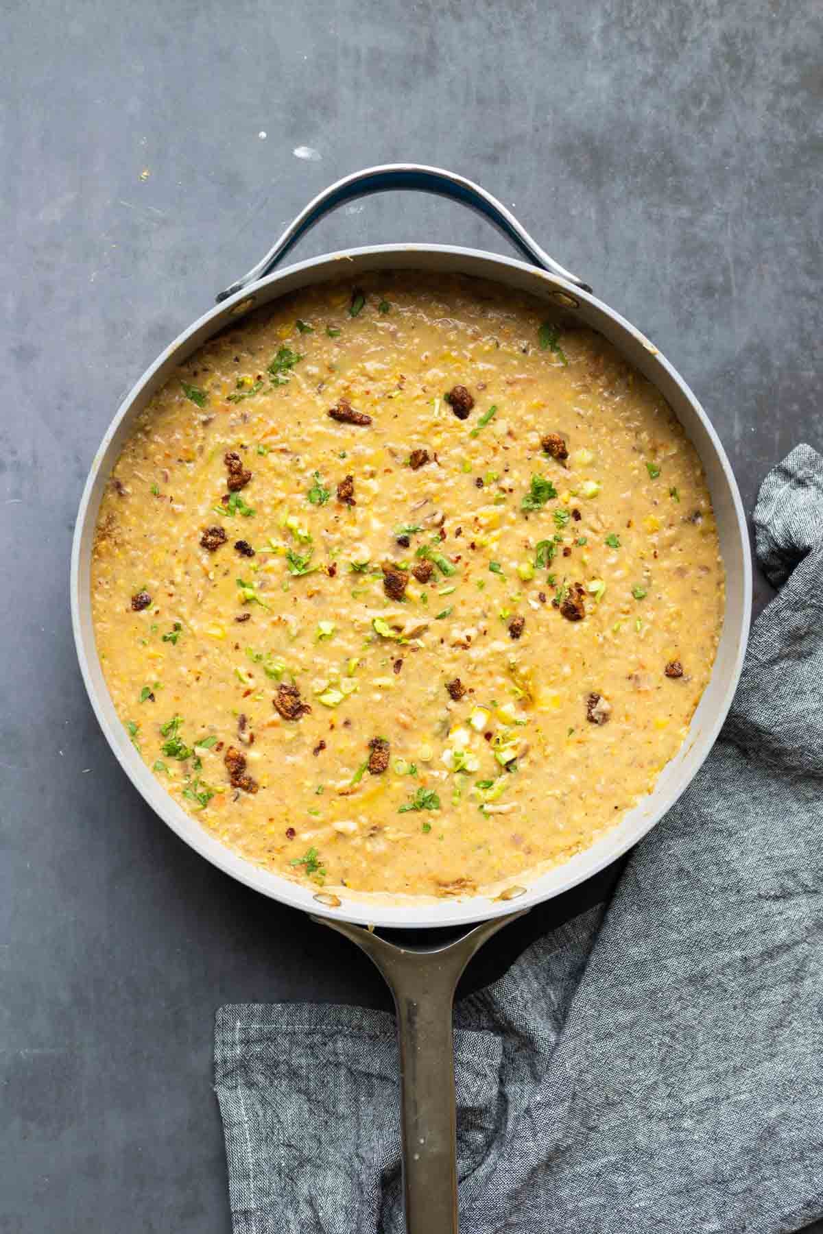 pan of corn chowder on a table