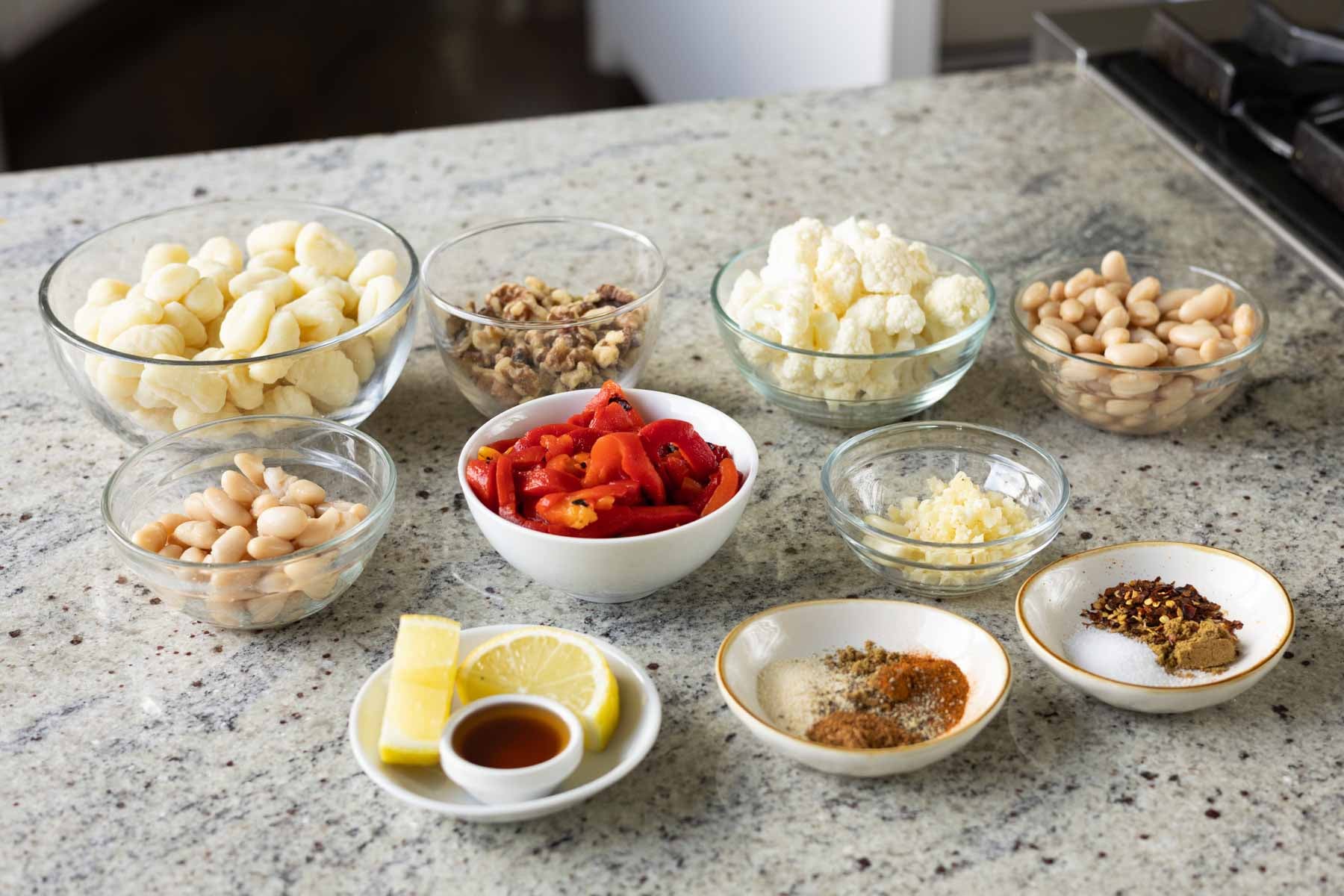 crispy gnocchi Muhammara ingredients on the kitchen counter