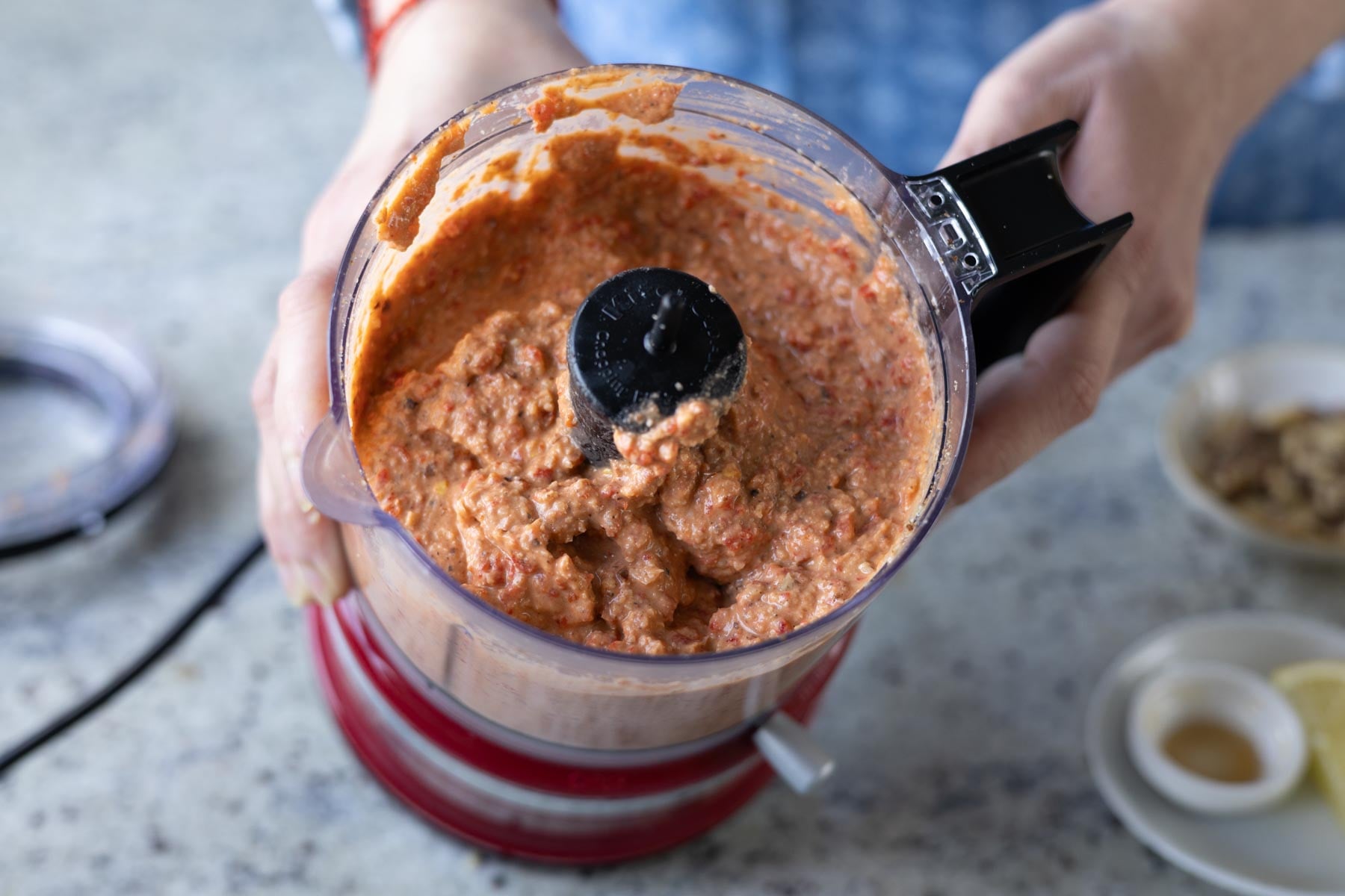 Muhammara bean dip in the food processor after running it