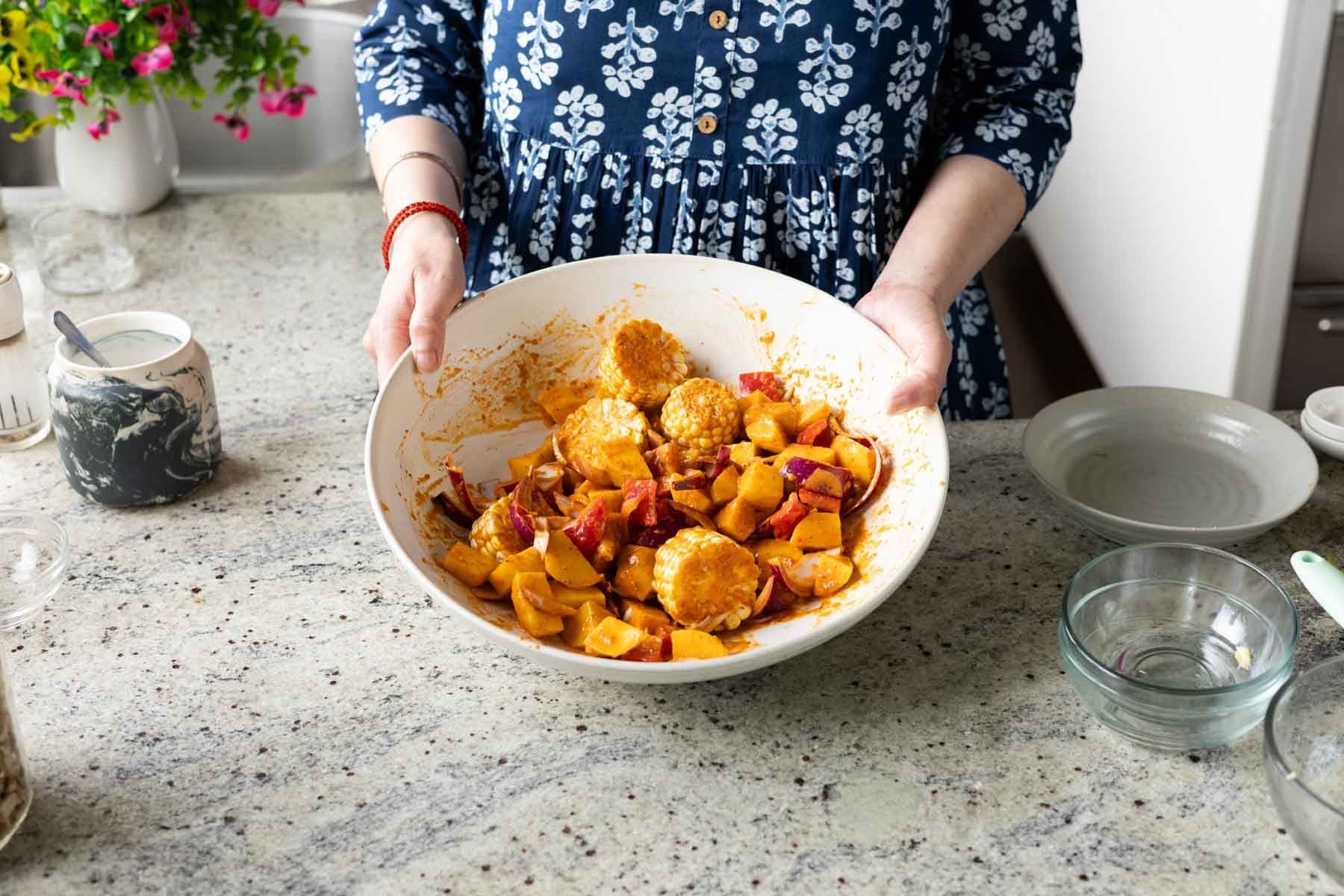 peri-peri veggies after tossing in the marinade