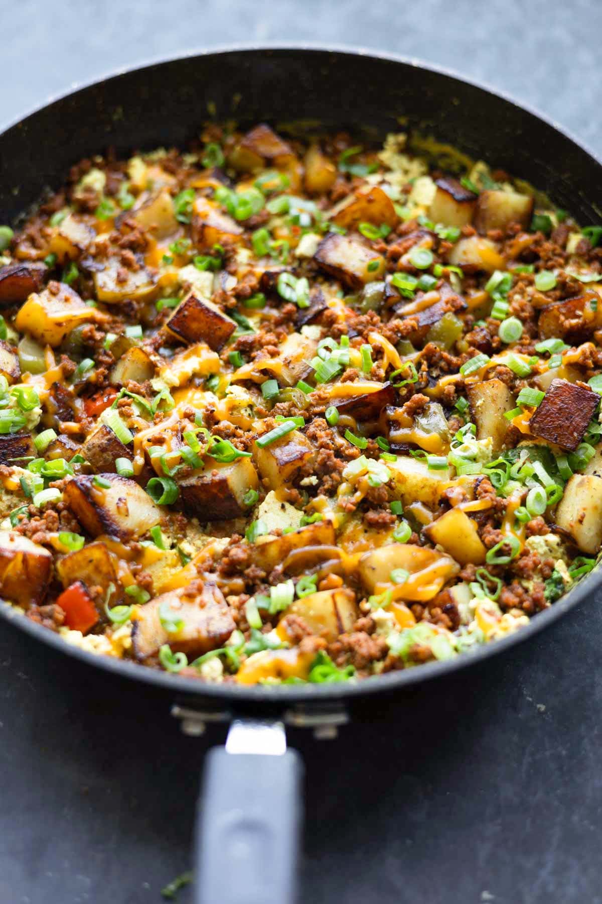 close-up of vegan country breakfast skillet in the pan