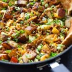 close-up of vegan country breakfast skillet in the pan with toast
