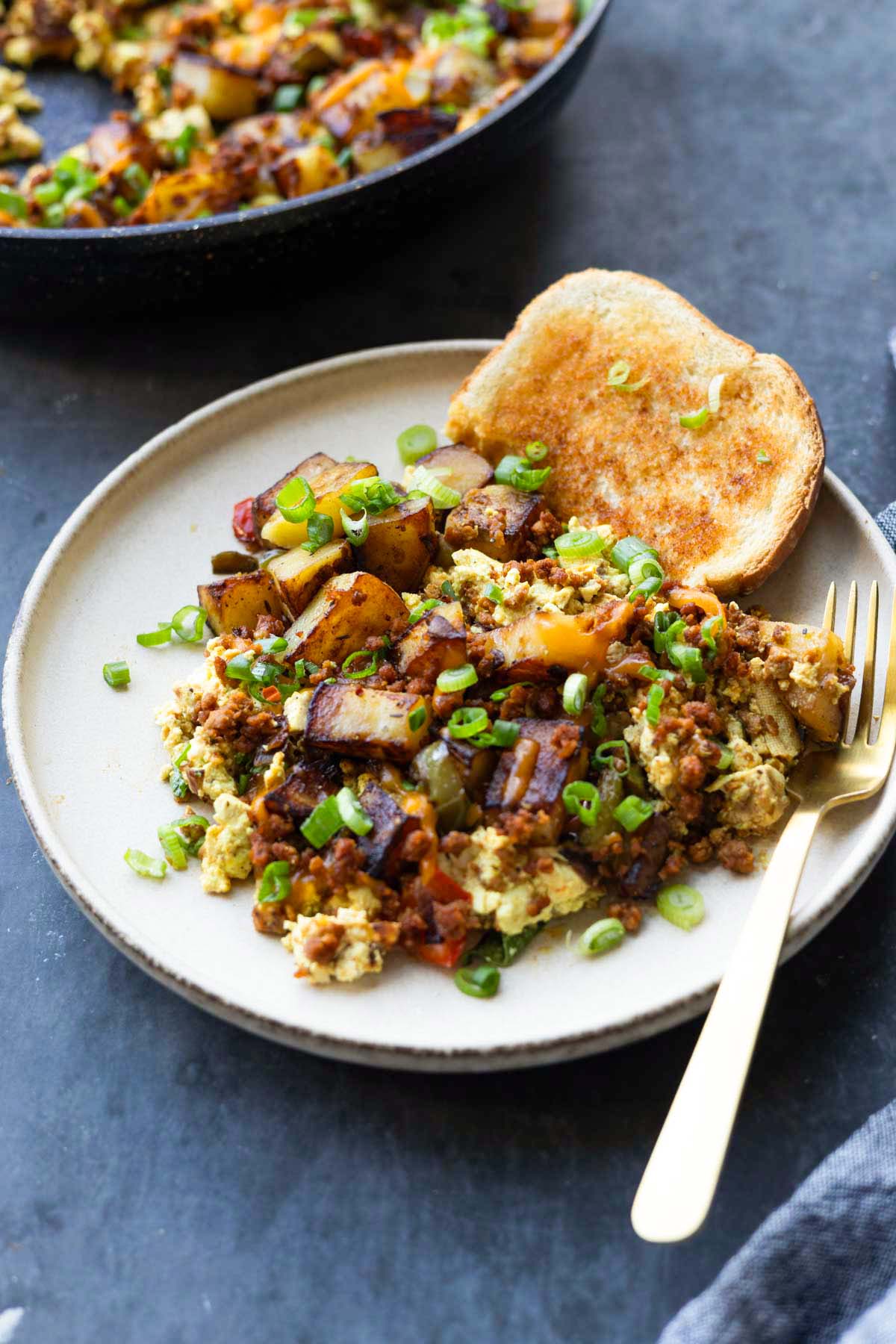 plate of vegan country breakfast skillet in the pan