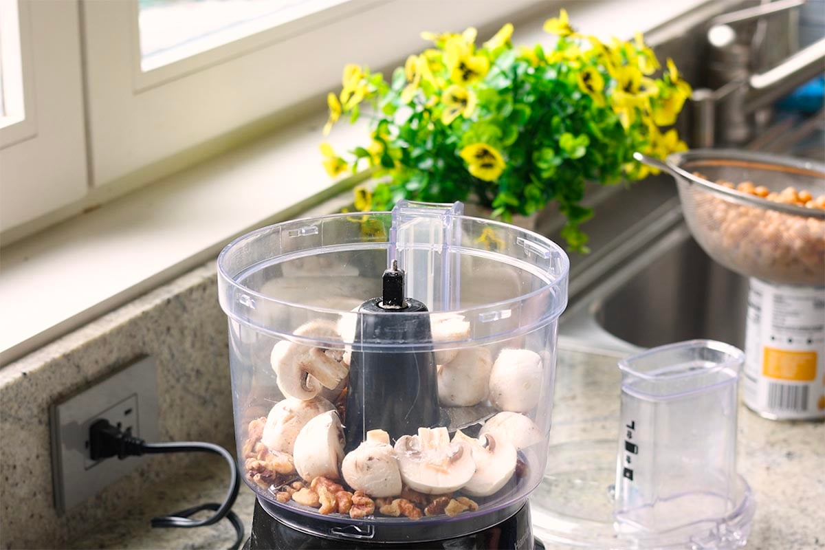 walnuts, garlic, and mushrooms before processing