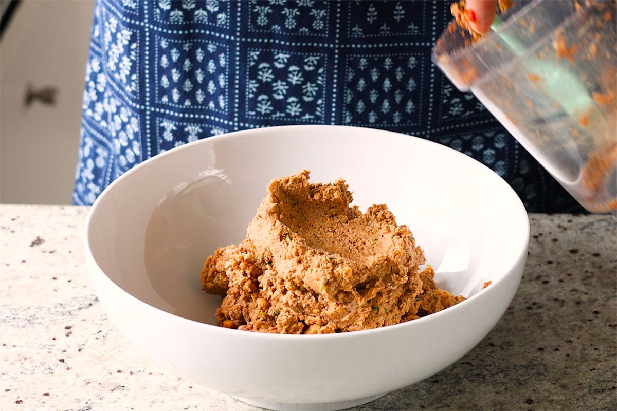 chickpea mushroom mixture in a bowl, ready to use in various ways