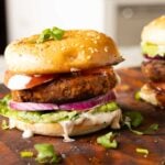 chickpea mushroom burgers on a wooden cutting board