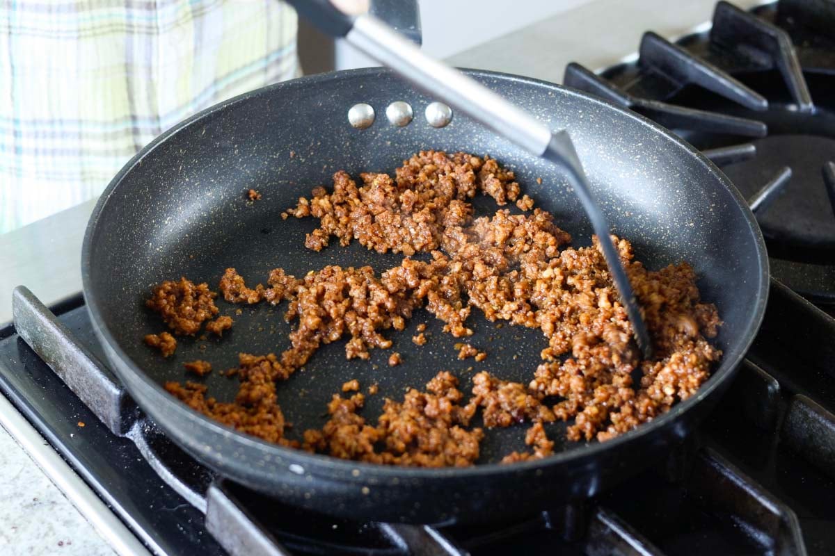 veggie grounds in the pan after cooking
